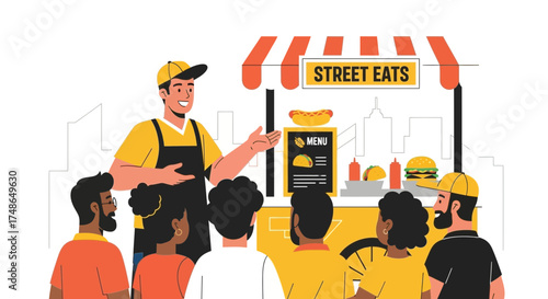 Street Food Vendor Presenting a Menu to Customers At a Vibrant Food Stall