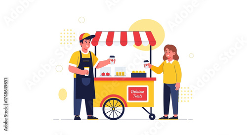 Street Food Vendor Selling Beverages and Snacks to a Customer in a Sunny Atmosphere