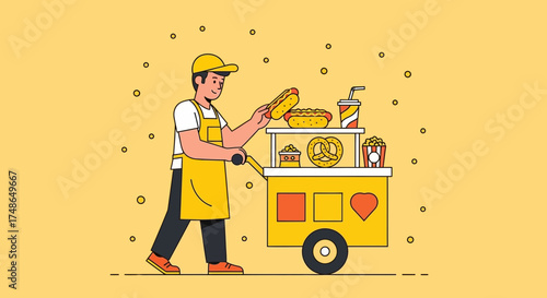Street Vendor Serving Fresh Hot Dogs And Snacks In A Colorful Illustration