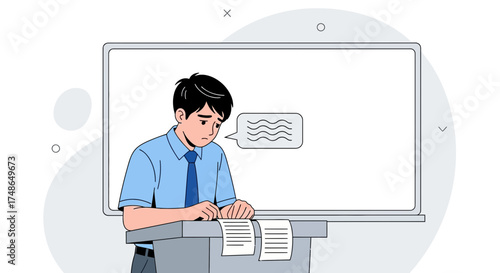 Stressed Speaker Preparing Speech Before Presentation, Overwhelmed And Anxious, Showing Doubt