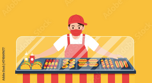 Street Vendor Selling Food With Mask, Safeguarding People to Stay Safe and Protected