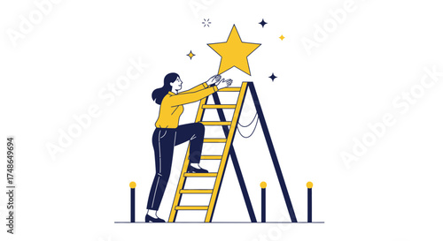 Striving For Achievement: A Woman Reaching For The Golden Star On The Ladder