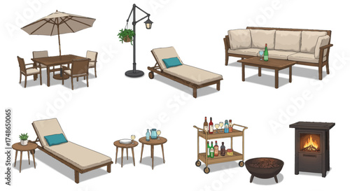 Outdoor Furniture Collection with Lounge Chairs, Dining Set, Bar Cart, and Fire Pit