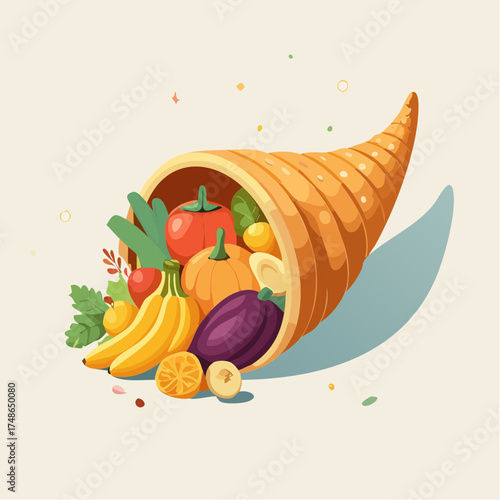 A vibrant cornucopia, the horn of plenty, overflowing with a bountiful harvest of fresh fruits and vegetables.