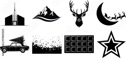 Vector art of collection of black silhouette icons including a building, mountain, deer head, santas sleigh, car with christmas tree, abstract pattern, grid, and star