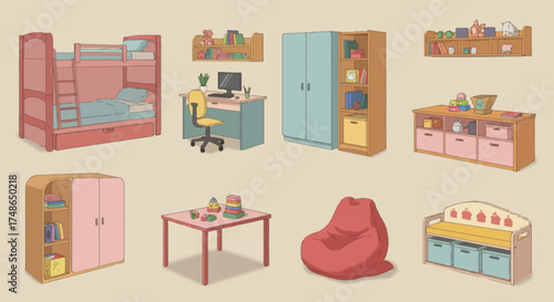 Children's Room Furniture Collection Bunk Bed, Desk, Wardrobe, Shelving, Toy Storage, and More