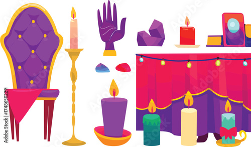 Mystical fortune-telling vector illustration with candles, tarot cards, gemstones, ornate chair, and magical table setup for spiritual or fantasy content