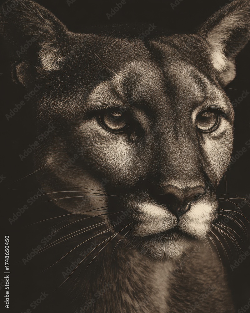 Fototapeta premium Vintage Cougar Head Illustration. Retro Design Highlighting the Majesty of Mountain Lion in Detail