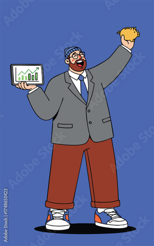 Man in suit holds chart piggy bank celebrating financial success