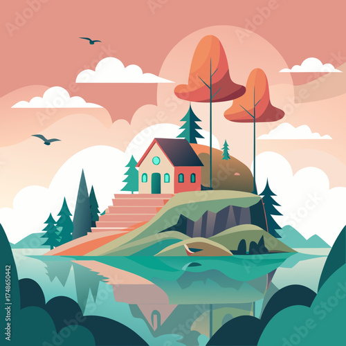 Idyllic house on a hill overlooking a tranquil lake Keywords: house, home, hill, lake, water