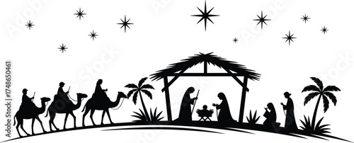 Nativity silhouette vector, moonlit Christmas scene, holy family in stable, Three Wise Men on camels, Bethlehem star design, stock graphic asset