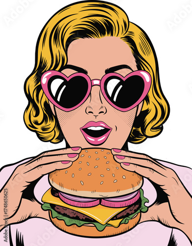 Pop art woman eating burger, comic style, heart sunglasses, bold colors, retro vibe, surprised expression, vector illustration, fast food craving, snack moment