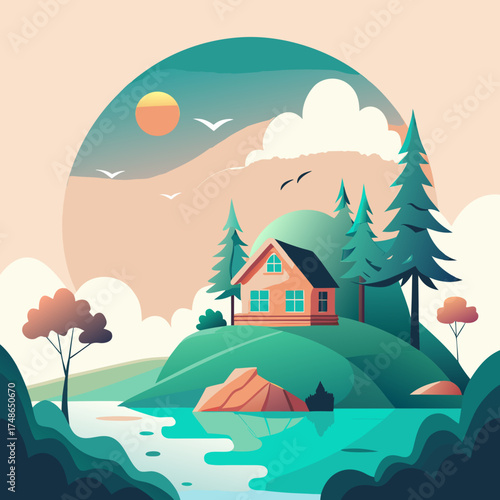Rustic cabin nestled on a hill by a tranquil lake at sunset