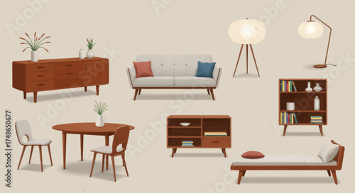 Retro Furniture Collection Mid-Century Modern Sofa, Dining Set, Lamps, and Storage for Stylish Living Spaces