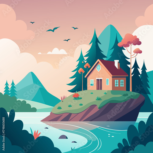 Rustic cabin on a rocky outcrop overlooking a winding river
