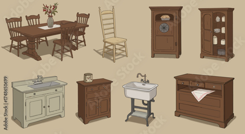 Collection of vintage furniture and kitchenware items, including tables, chairs, sinks, and cabinets