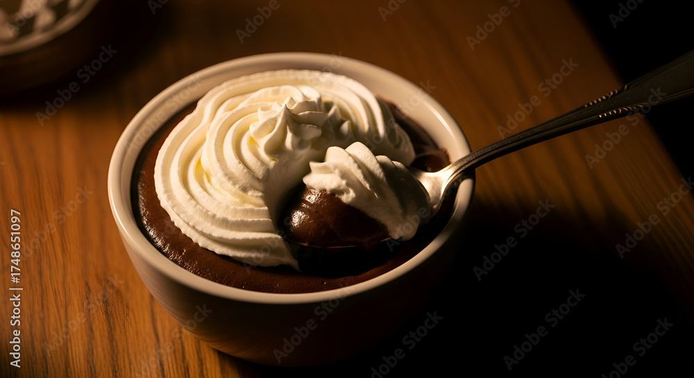 Fototapeta premium Delicious Chocolate Dessert in a Bowl, Topped with Creamy Whipped Swirls