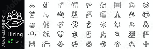 Hiring HR Recruitment Line Icons Set: 45 Vector Graphics for Human Resources, Candidate Selection, and Talent Management 