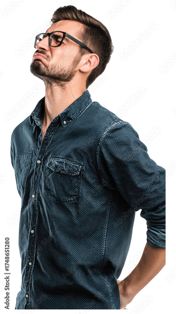 Obraz premium Annoyed young man with glasses and beard looking up thoughtfully isolated on transparent background.