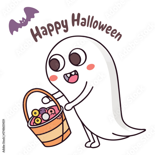 Cute Cartoon Ghost Trick-or-Treating with Candy Basket and Bat – Happy Halloween Spooky Kawaii Vector Illustration for Kids & Celebration