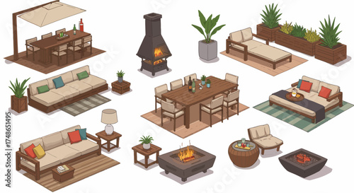 Isometric Outdoor Furniture Collection with Fire Pit, Dining Set, and Lounge Chairs