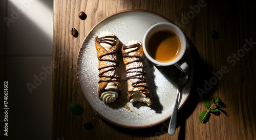 Delicious Cannoli Pastries With Chocolate Drizzle And A Fresh Cup Of Coffee On The Table