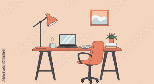 Cozy Home Office Setup with Desk, Laptop, Lamp, and Chair A Comfortable Workspace for Remote Work