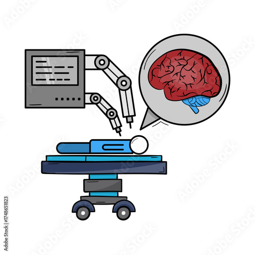 Robotic Surgery Icon for Brain, Brain surgery with robotic assistance, Neurosurgery with robotic arms, Robotic brain operation, and Medical robotics for brain surgery. Vector illustration.