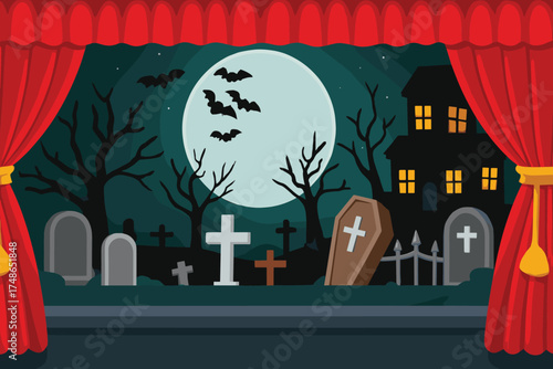 Spooky graveyard scene, full moon night, coffin and tombstones, haunted house, bats flying, theatrical Halloween design, eerie vector, dark background