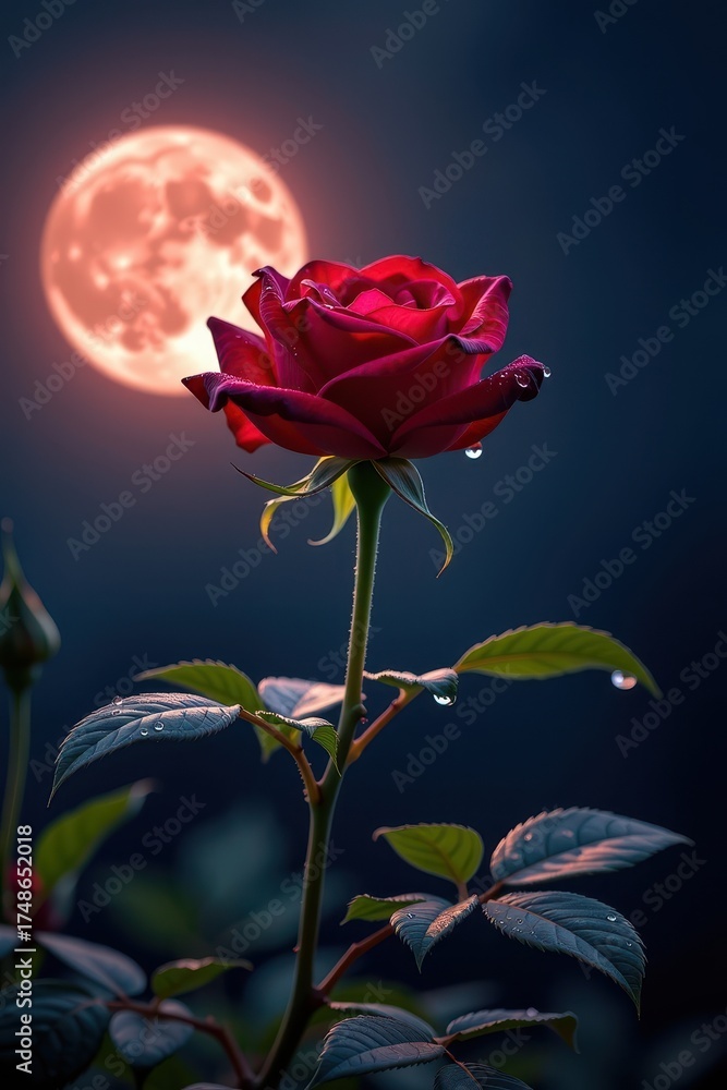 Obraz premium A single, velvety red rose blooms in the darkness, dew clinging to its petals, illuminated by soft moonlight, Valentine's Day, anniversary, moonlit