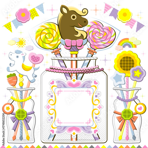 午年イラスト子供向けデザイン「かわいいロリポップキャンディー＆チョコレート」正方形コピースペース（Year of the Horse illustration for children "Cute lollipop candy & chocolate" square copy space.）