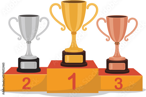 Trophy podium vector with gold, silver, bronze awards, first second third place design, competition ranking illustration, achievement graphic asset