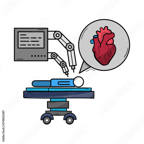 Robotic Surgery Icon for Heart, Heart surgery with robotic arm, Cardiac surgery technology, Robotic-assisted heart surgery, and Heart medical procedure. Vector illustration.