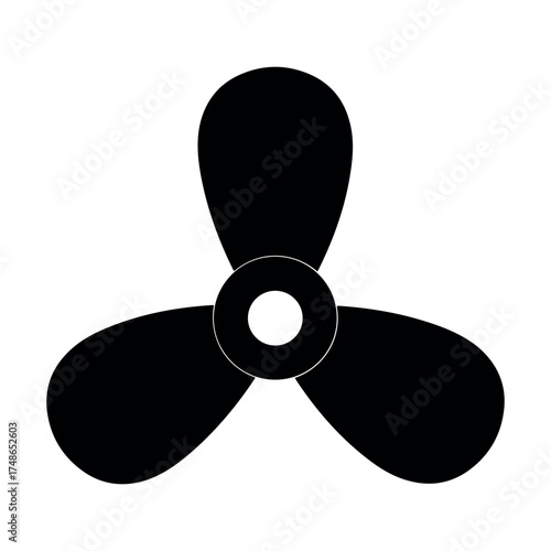 Three-bladed propeller, black silhouette, minimalist stencil design, vector illustration on a transparent background.