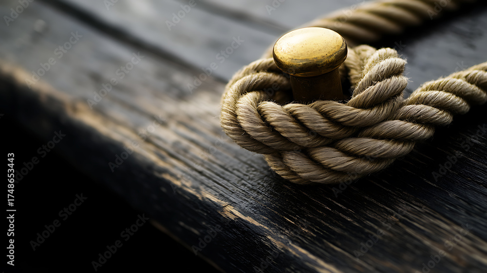 Fototapeta premium Rope tied around a gold post on weathered wood, showcasing nautical themes and textural contrast in a moody, close-up composition.