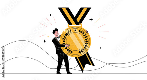 Successful businessman holding a gold medal representing achievement and success