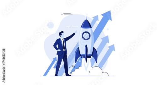 Successful Business Initiative Shows Rocket Launching With Upward Arrows and Corporate Leader or
