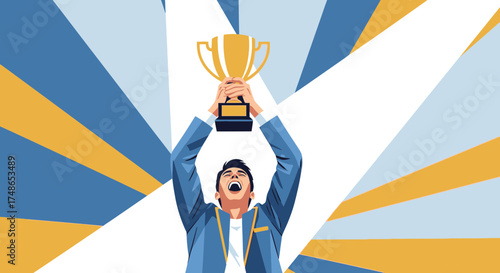 Successful business man celebrates achievement holding trophy high in the air