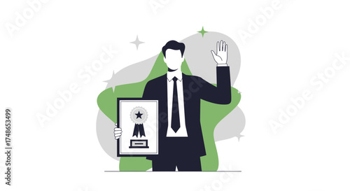 Successful Businessman Holding Award and Raising Hand for Achievement and Recognition