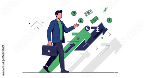 Successful Business Person Navigating Wealth Upwards With Currency Symbols and Financial Gains