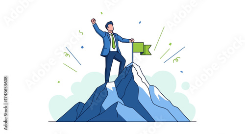 Successful businessman on a mountain peak with a flag, achievement graphic