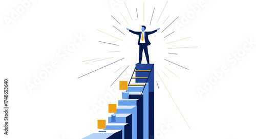 Successful businessman on top of the chart celebrating achievement and progress with open arms