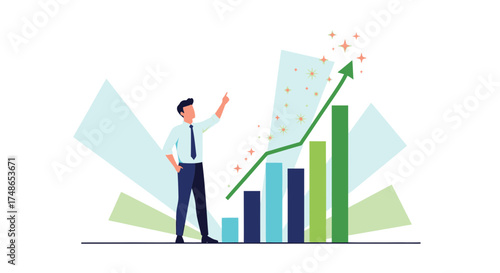 Successful businessman pointing at growing graph representing financial growth and achievement