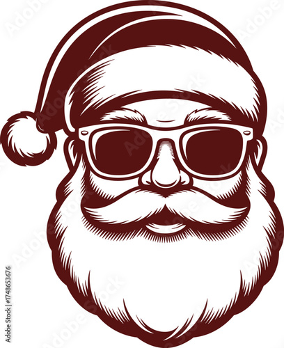Cool Santa Claus vector, stylized monochrome illustration with sunglasses, modern holiday character design for Christmas print, merchandise, festive branding