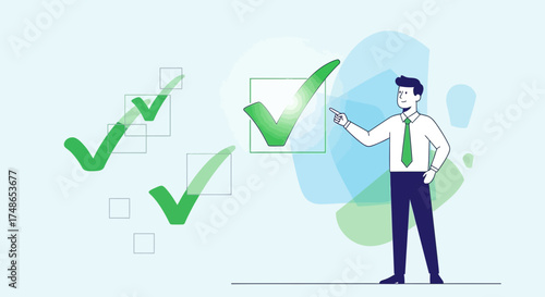 Successful Business Solutions Presented With Checkmarks Iconography for Approval and Validation