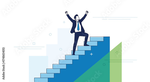 Successful Businessman Reaching The Top Of The Stairs Demonstrating Achievement And Victory