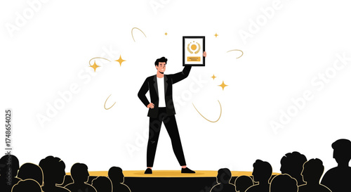 Successful Businessman Receiving Award on Stage in Front of Audience