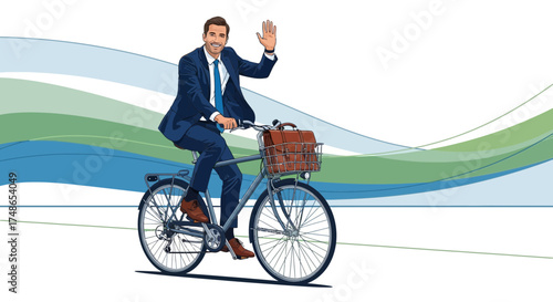 Successful businessman riding a bicycle with a briefcase, waving hello as he cycles