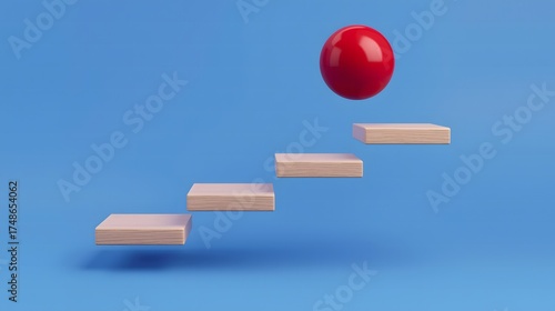 Red ball bouncing up floating wooden steps on blue background for growth and ambition