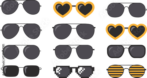 Sunglasses vector set, 12 styles in grid layout, aviator, heart, pixel, striped lens designs for fashion, summer, print, merchandise